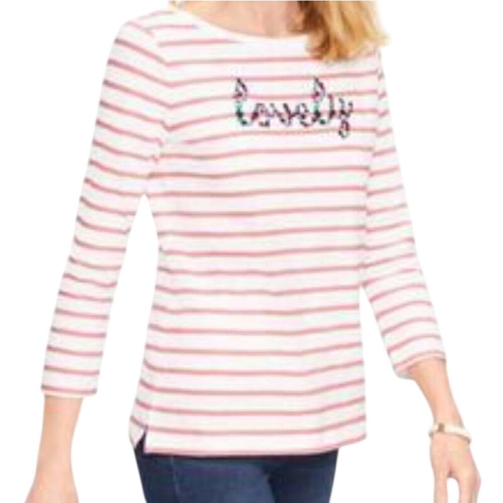 Talbots Womens Pink Stripe Graphic Long Sleeve Tee Size MP